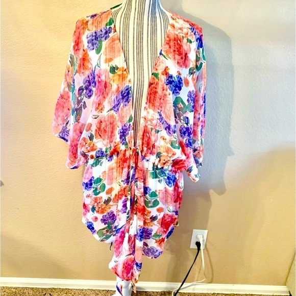 NWT Rachel Roy Wrap Robe L/XL Sheer Lightweight Flowy Boho Pink Purple Floral